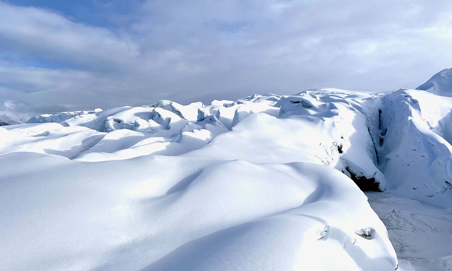 A view of the snow covered Matanuska Glacier in winter.